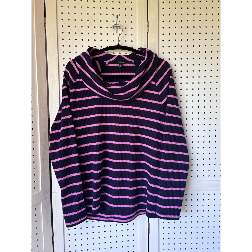 Talbots Top Womens Lg Navy Pink Striped Relaxed Cowl Neck Waffle Knit Comfy